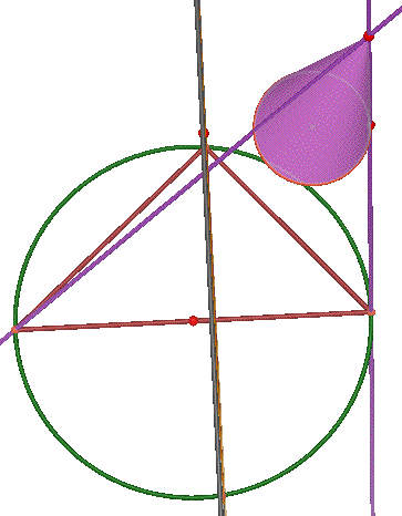 Circular cross section of cone, farther from vertex, showing geometric mean construction